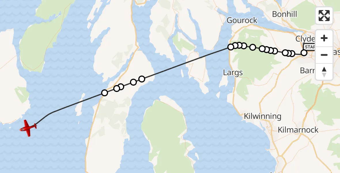 Flight path map showing Air Ambulance Aircraft route from Glasgow Airport to Inner Seas