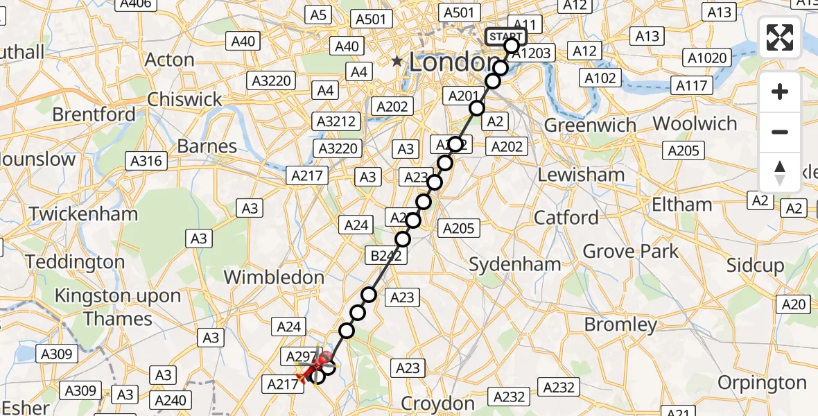 Flight path map showing Air Ambulance Helicopter route from Royal London Hospital to Rosehill