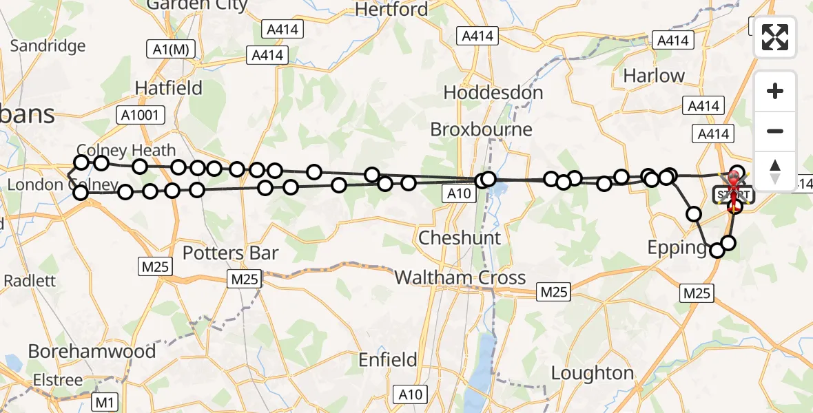 Flight path map showing Air Ambulance Helicopter route from North Weald Airfield to North Weald Airfield