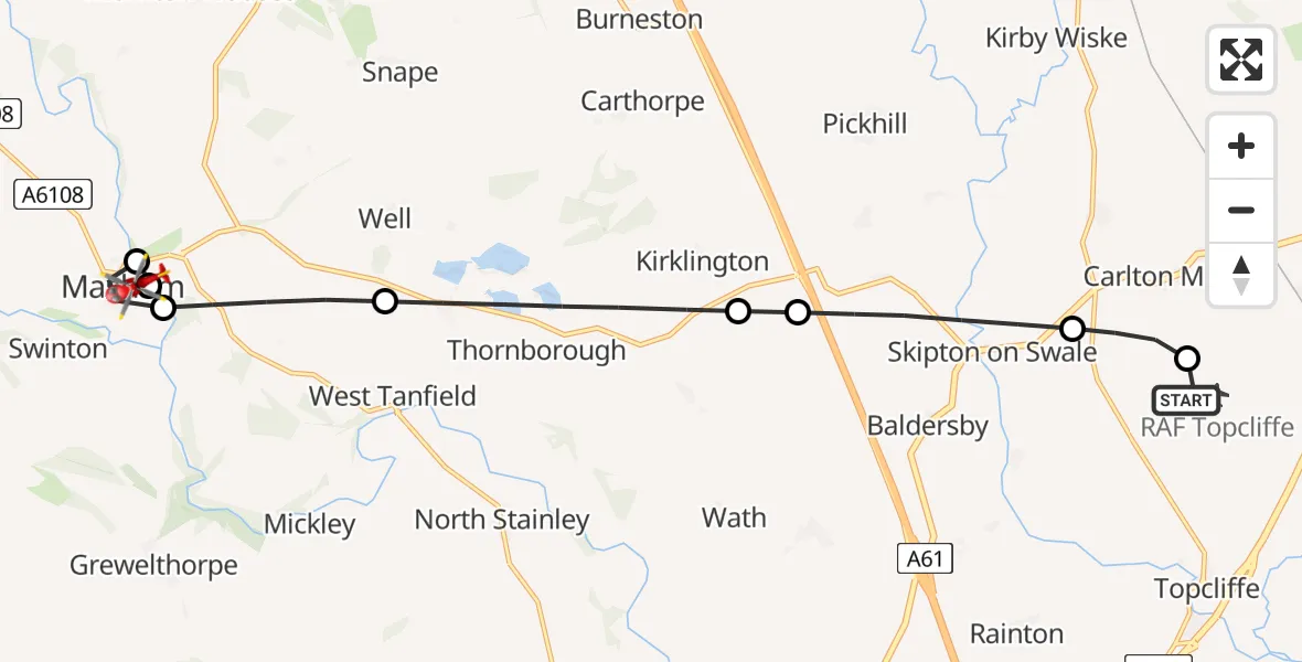 Flight path map showing Air Ambulance Helicopter route from RAF Topcliffe to Swinton