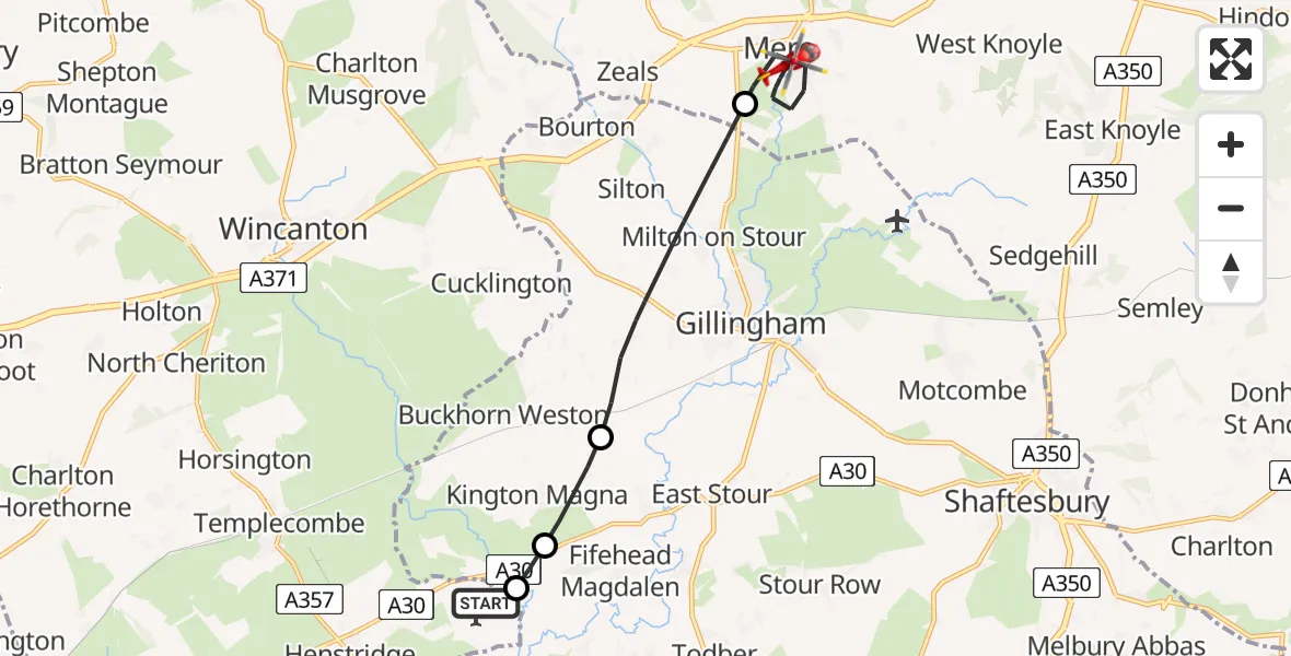 Flight path map showing Air Ambulance Helicopter route from Henstridge Airfield to Mere