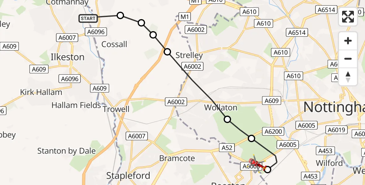 Flight path map showing Air Ambulance Helicopter route from Ilkeston to Beeston