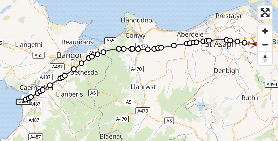 Flight path map showing Air Ambulance Helicopter route from Caernarfon Airport to Caerwys