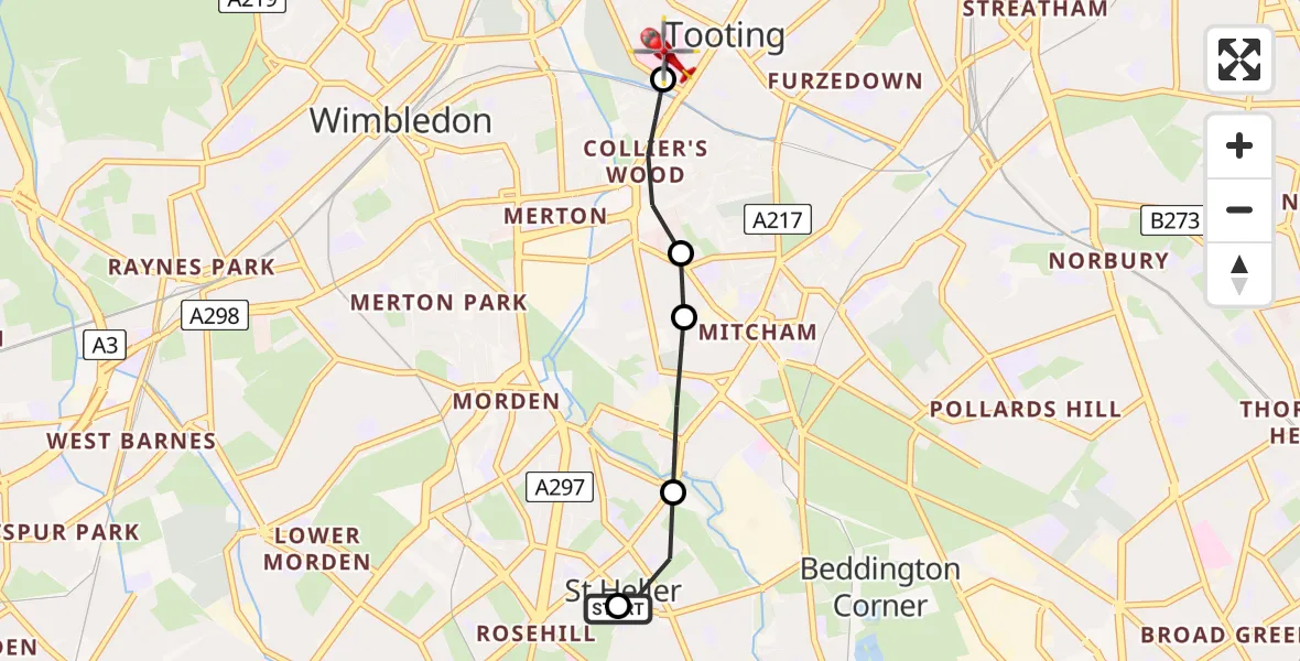 Flight path map showing Air Ambulance Helicopter route from Rosehill to St Georges Hospital