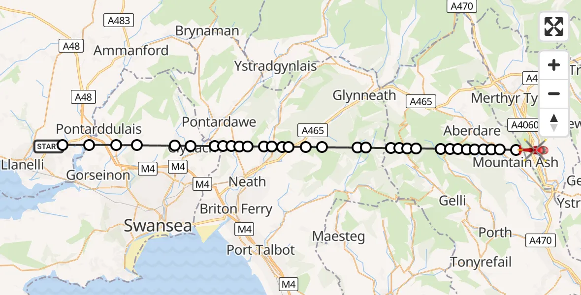 Flight path map showing Air Ambulance Helicopter route from Dafen to Aberfan