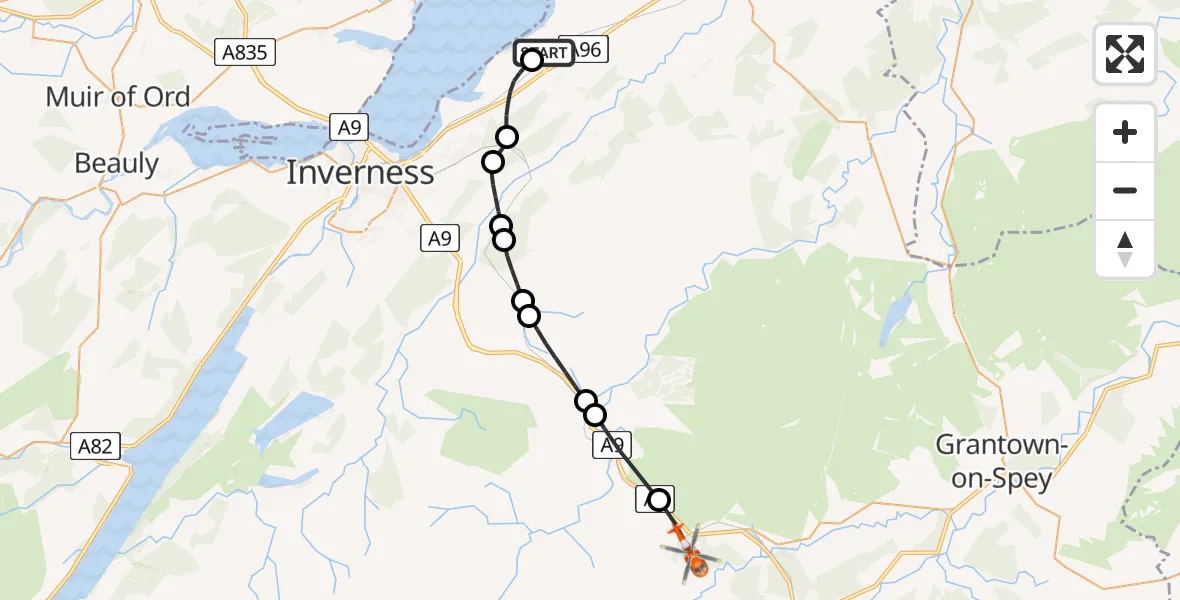 Flight path map showing Coastguard Helicopter route from Inverness Airport to Slochd