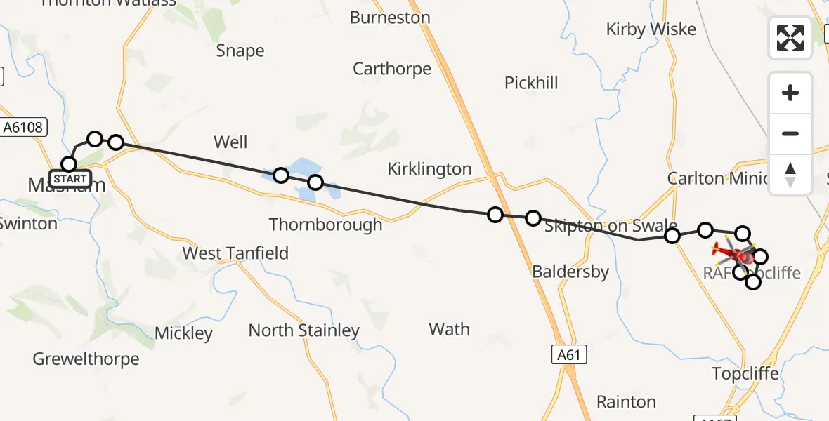 Flight path map showing Air Ambulance Helicopter route from Masham to RAF Topcliffe