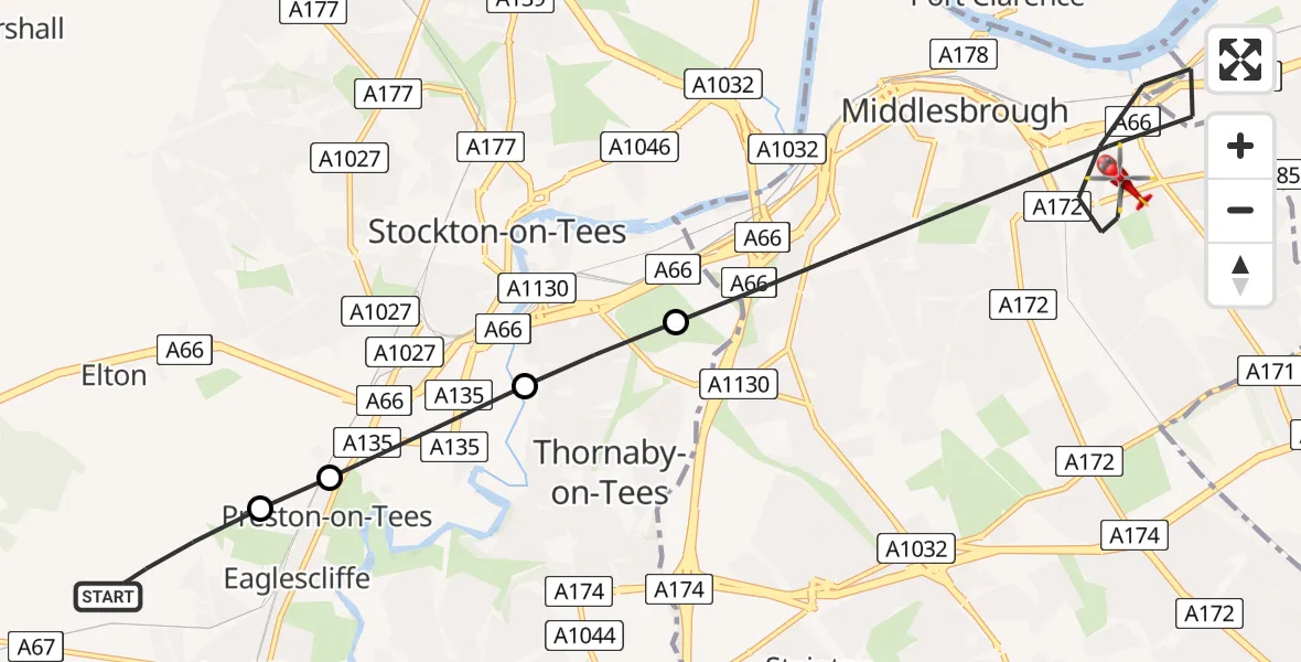Flight path map showing Air Ambulance Helicopter route from Egglescliffe to Middlesbrough