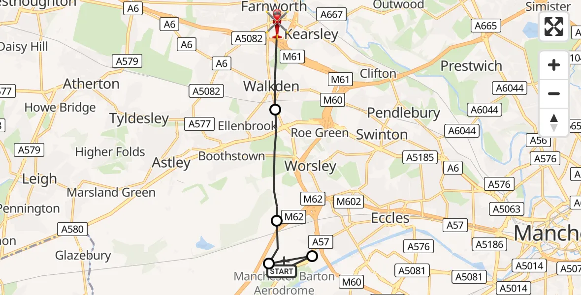 Flight path map showing Air Ambulance Helicopter route from Manchester Barton Aerodrome to Farnworth