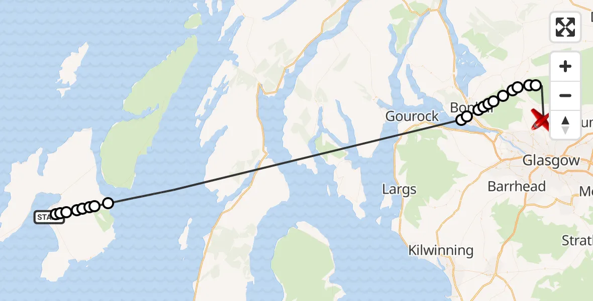 Flight path map showing Air Ambulance Aircraft route from Argyll and Bute to Milngavie