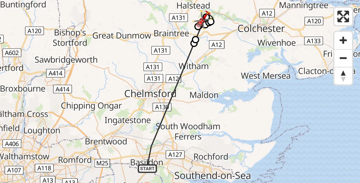 Flight path map showing Air Ambulance Helicopter route from Basildon to Earls Colne Airfield