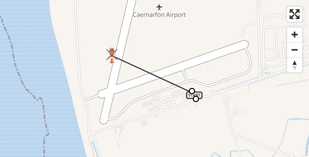 Flight path map showing Coastguard Helicopter route from Caernarfon Airport to Caernarfon Airport
