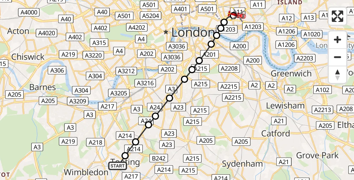 Flight path map showing Air Ambulance Helicopter route from St Georges Hospital to Royal London Hospital