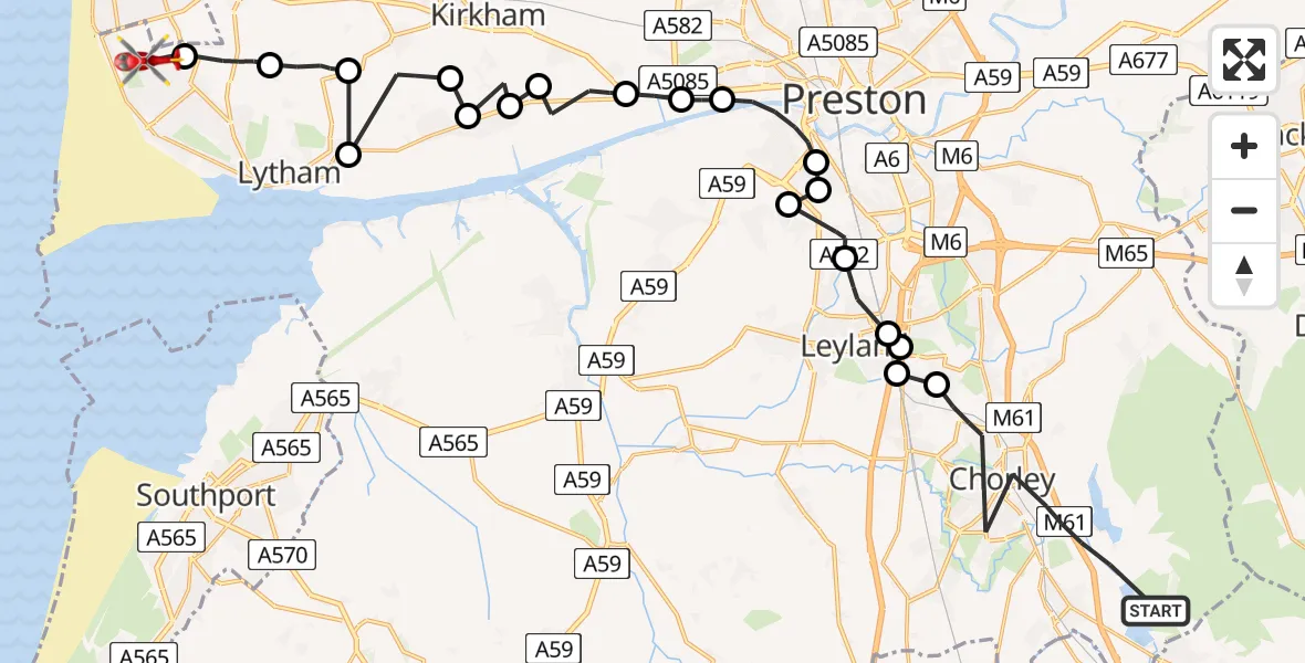 Flight path map showing Air Ambulance Helicopter route from Chorley to Blackpool Airport