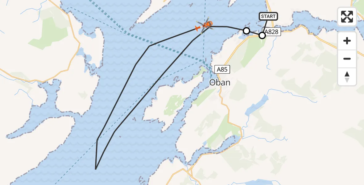 Flight path map showing Coastguard Helicopter route from Oban Airport to Inner Seas