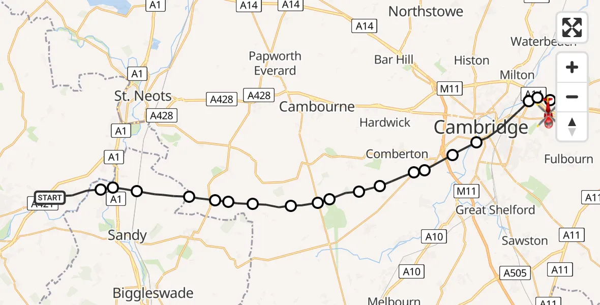 Flight path map showing Air Ambulance Helicopter route from Great Barford to Fen Ditton