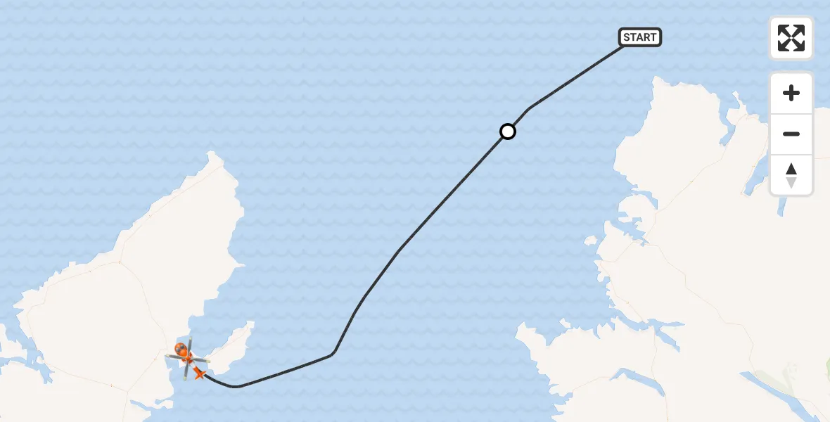 Flight path map showing Coastguard Helicopter route from North Atlantic Ocean to Tolm