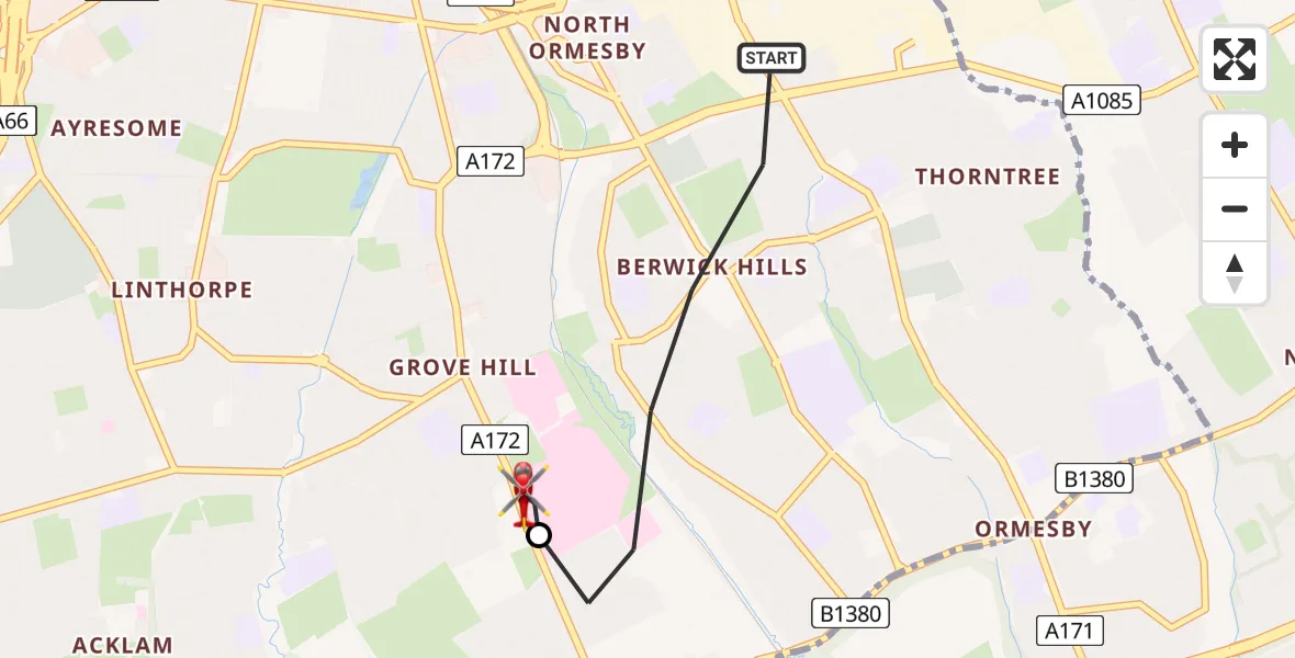 Flight path map showing Air Ambulance Helicopter route from Middlesbrough to James Cook University Hospital