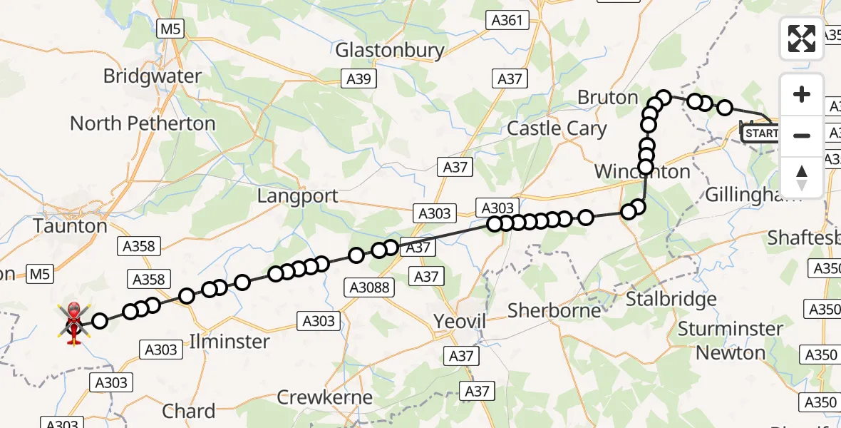 Flight path map showing Air Ambulance Helicopter route from Mere to Fyfett