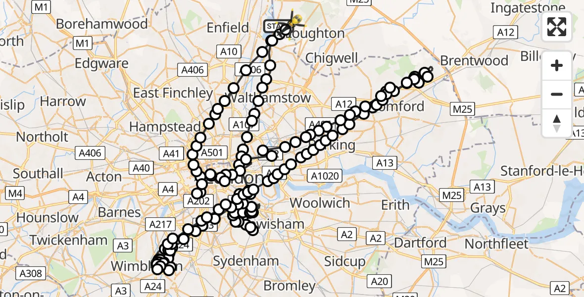 Flight path map showing Police Helicopter route from Sewardstonebury to Sewardstonebury