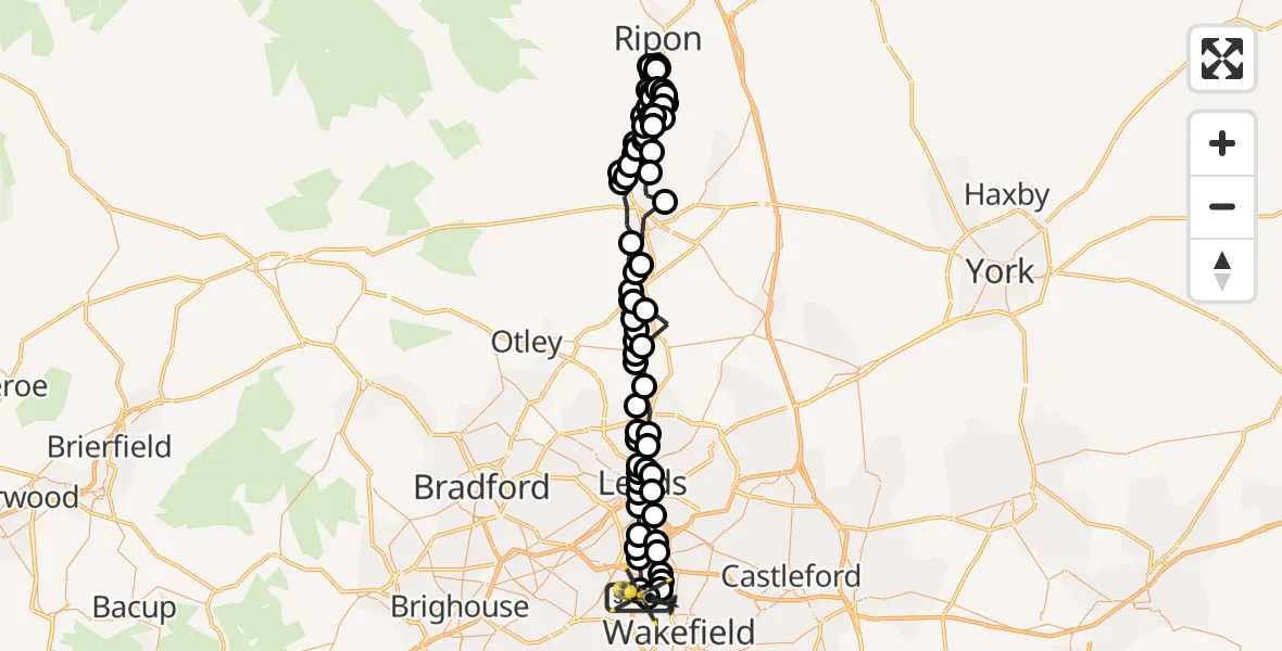 Flight path map showing Police Helicopter route from East Ardsley to Wrenthorpe