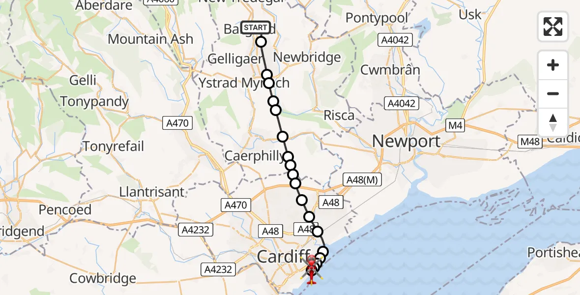 Flight path map showing Air Ambulance Helicopter route from Bargoed to Cardiff Heliport
