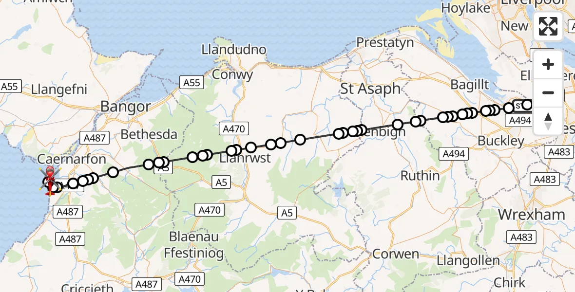 Flight path map showing Air Ambulance Helicopter route from Garden City to Caernarfon Airport
