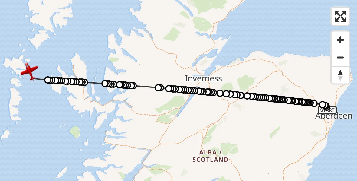 Flight path map showing Air Ambulance Aircraft route from Aberdeen International Airport to Inner Seas