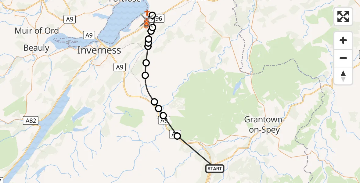 Flight path map showing Coastguard Helicopter route from Chapleton to Inverness Airport