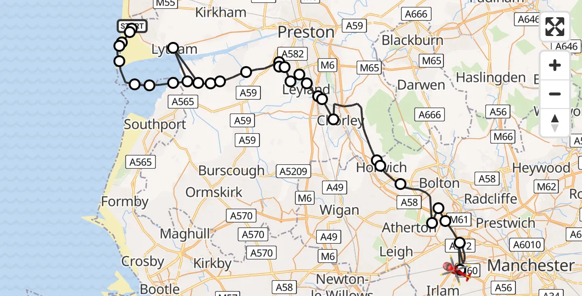 Flight path map showing Air Ambulance Helicopter route from Fylde to Manchester Barton Aerodrome