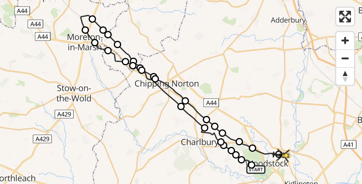 Flight path map showing Police Helicopter route from West Oxfordshire to Tackley