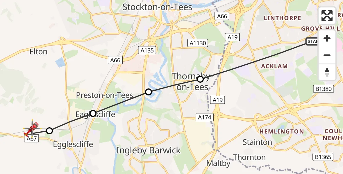 Flight path map showing Air Ambulance Helicopter route from Middlesbrough to Egglescliffe