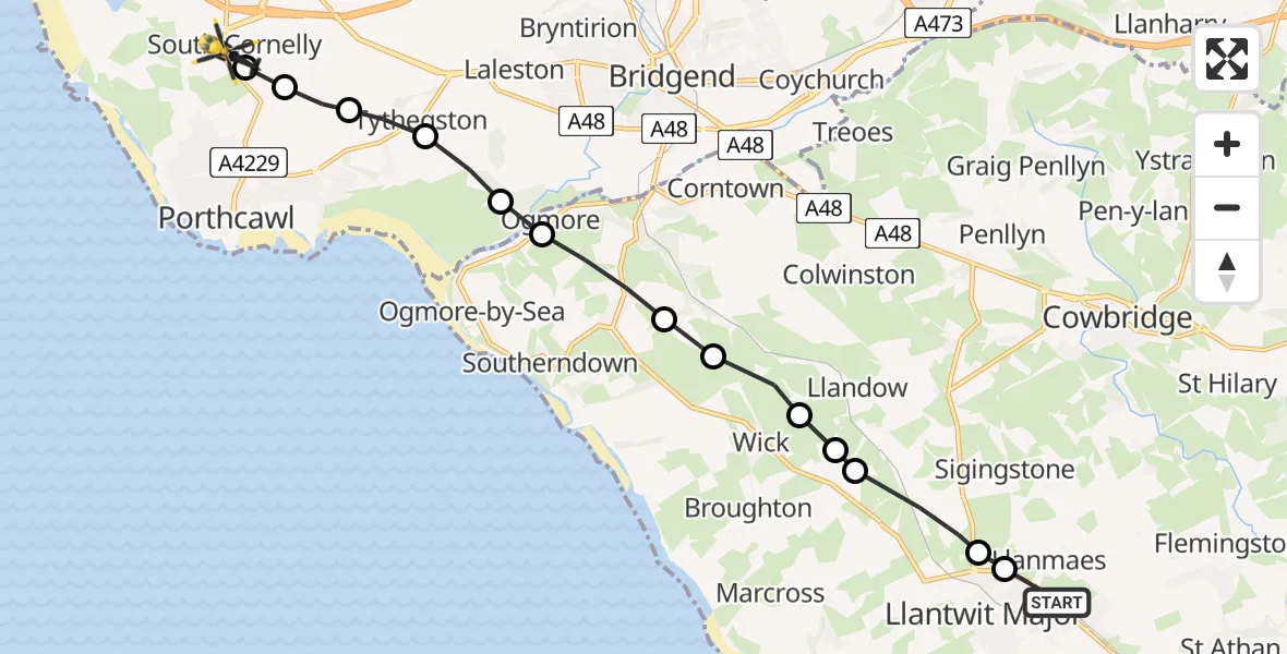 Flight path map showing Police Helicopter route from Boverton to South Cornelly