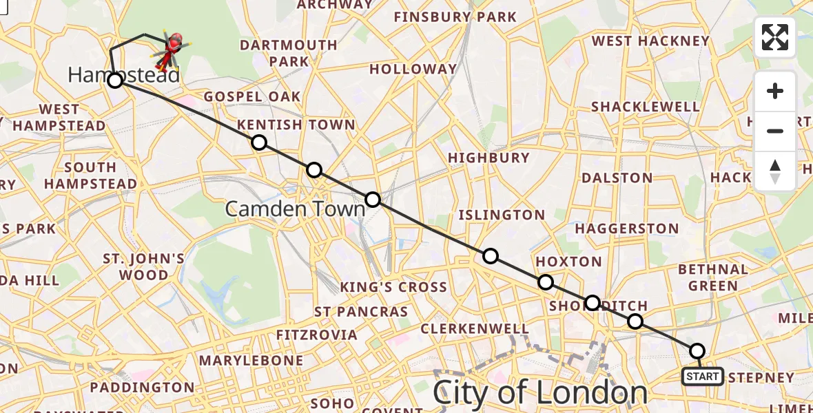 Flight path map showing Air Ambulance Helicopter route from Royal London Hospital to Gospel Oak