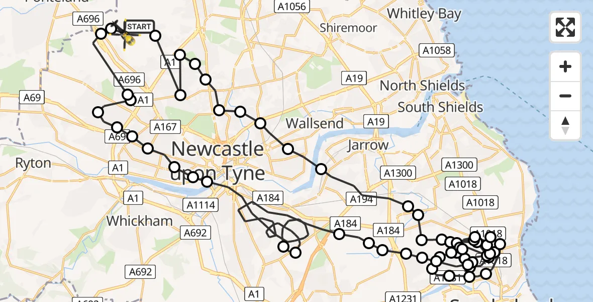 Flight path map showing Police Helicopter route from Newcastle International Airport to Woolsington