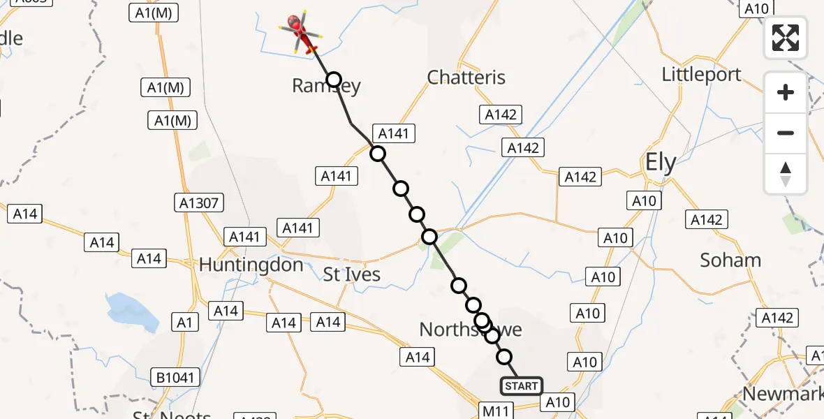 Flight path map showing Air Ambulance Helicopter route from Impington to Ramsey
