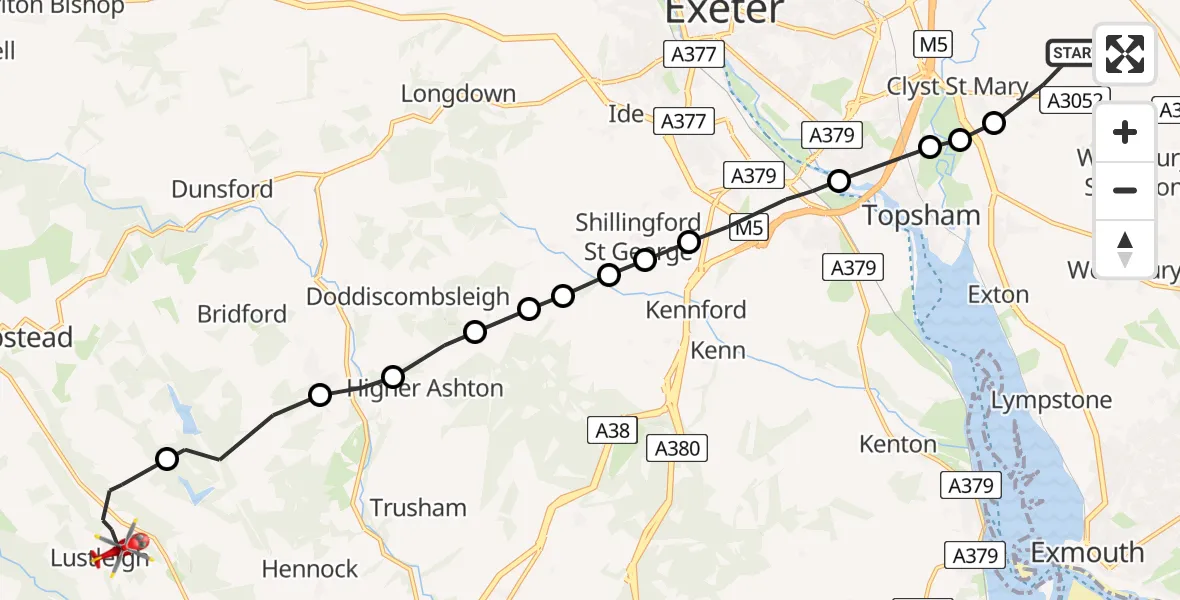 Flight path map showing Air Ambulance Helicopter route from Clyst Honiton to Lustleigh