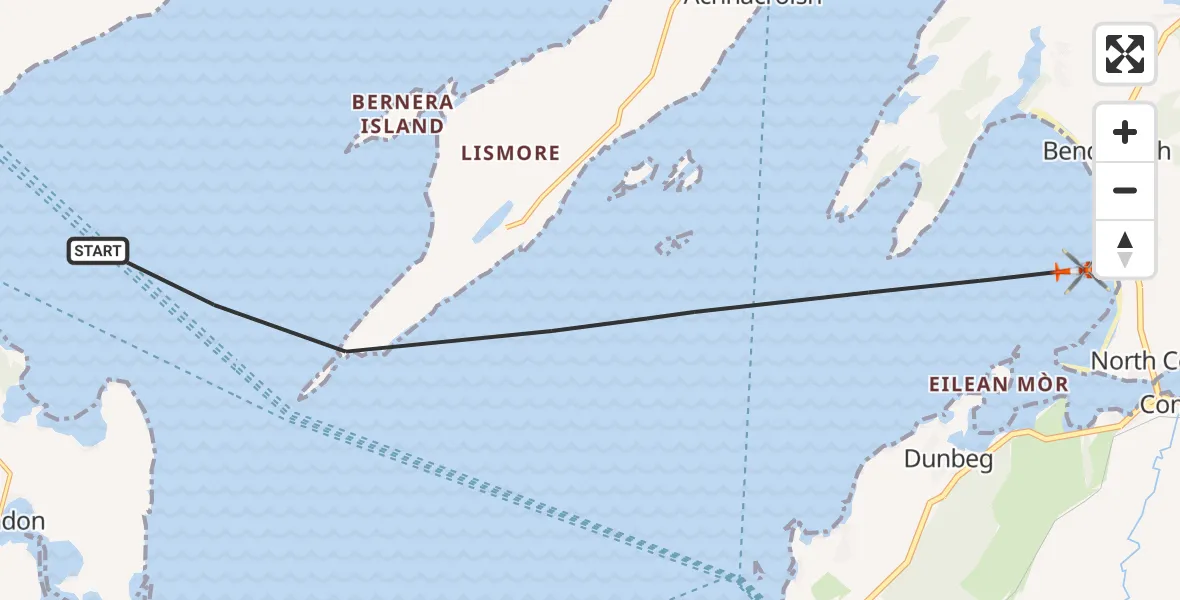 Flight path map showing Coastguard Helicopter route from Inner Seas to Benderloch