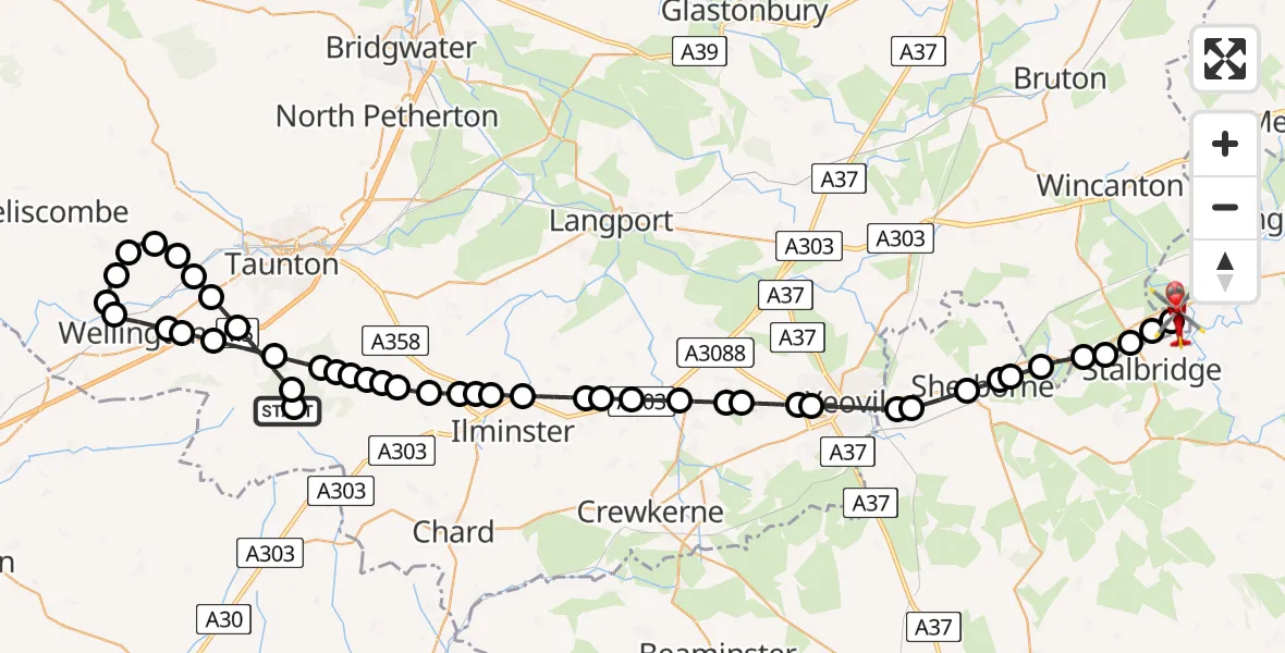 Flight path map showing Air Ambulance Helicopter route from Fyfett to Henstridge Airfield