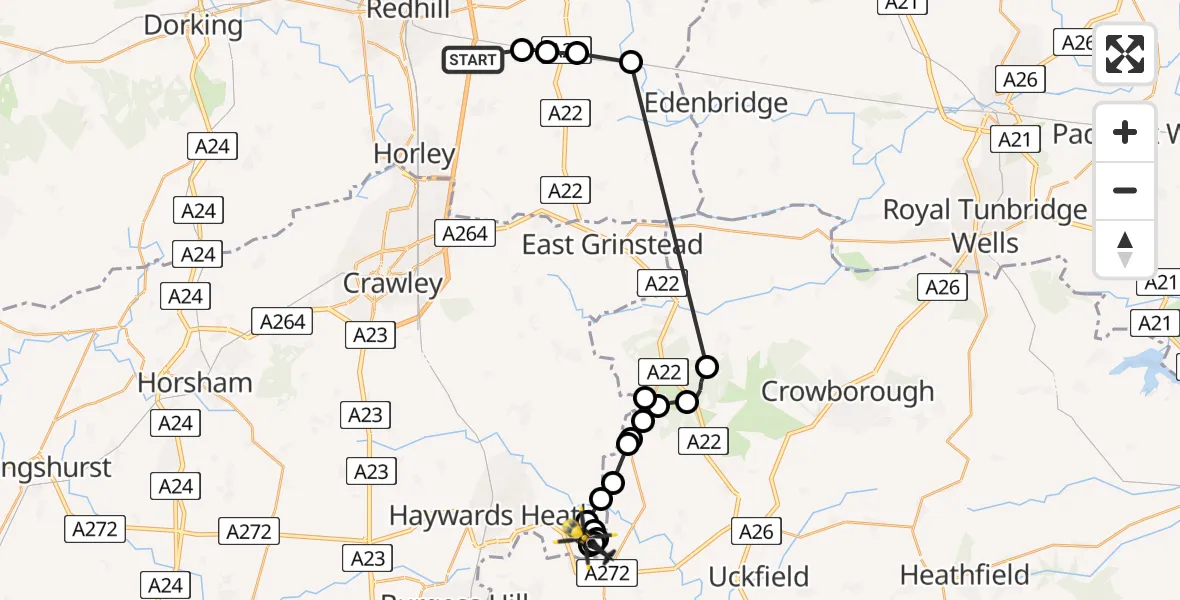 Flight path map showing Police Helicopter route from South Nutfield to Lewes