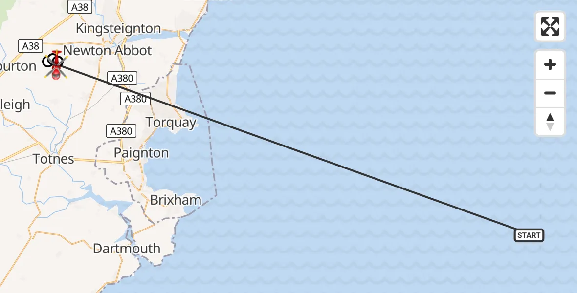 Flight path map showing Air Ambulance Helicopter route from English Channel to Denbury
