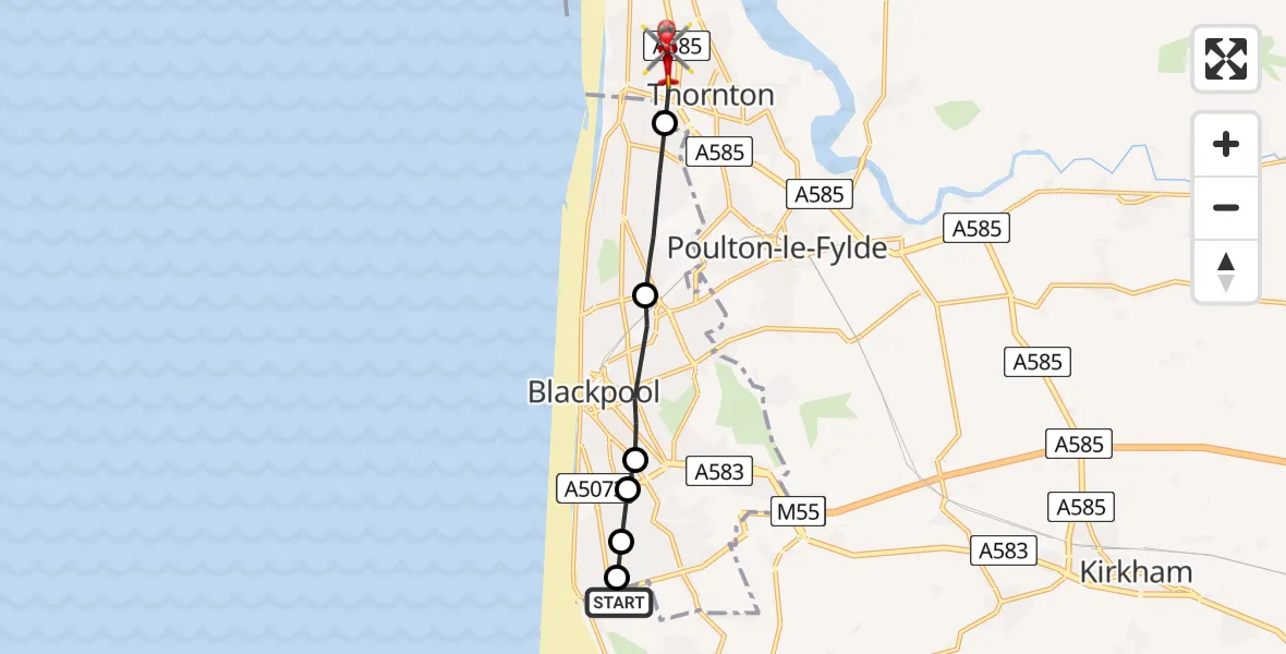 Flight path map showing Air Ambulance Helicopter route from Blackpool Airport to Thornton