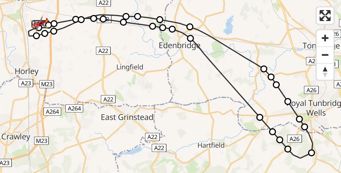 Flight path map showing Air Ambulance Helicopter route from Redhill Aerodrome to Redhill Aerodrome