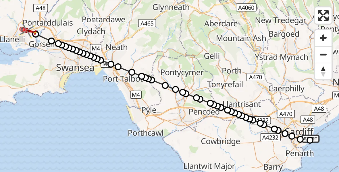 Flight path map showing Air Ambulance Helicopter route from Cardiff Heliport to Dafen