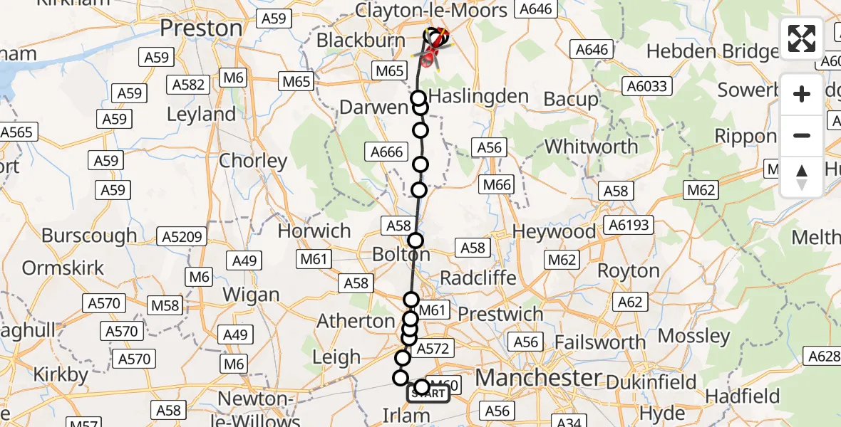 Flight path map showing Air Ambulance Helicopter route from Manchester Barton Aerodrome to Broadfield
