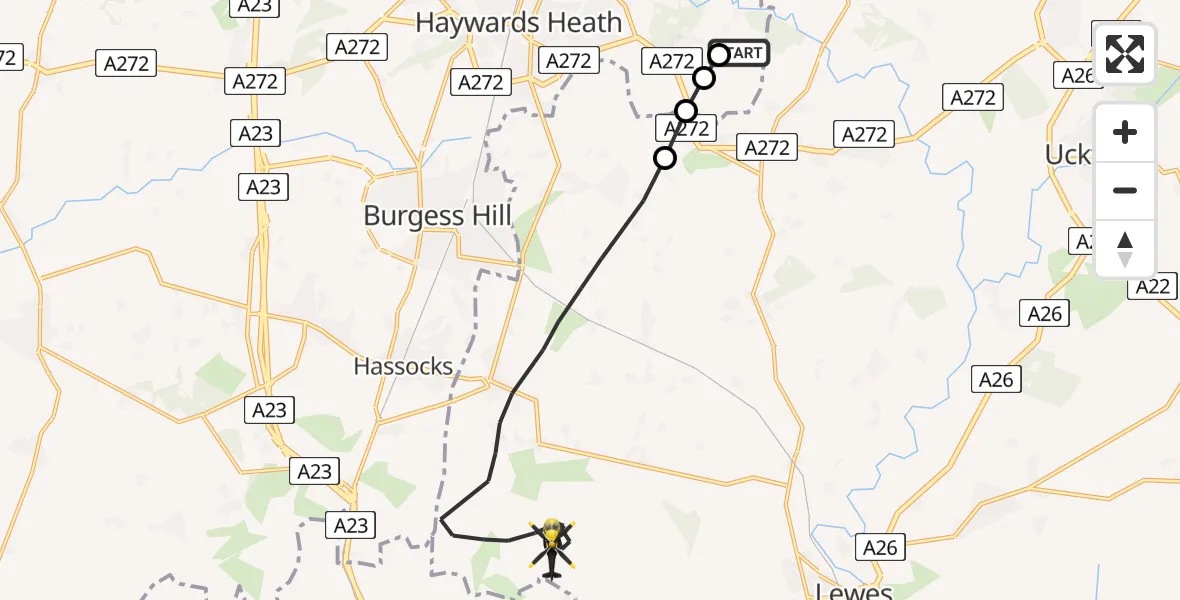 Flight path map showing Police Helicopter route from Mid Sussex to Lewes