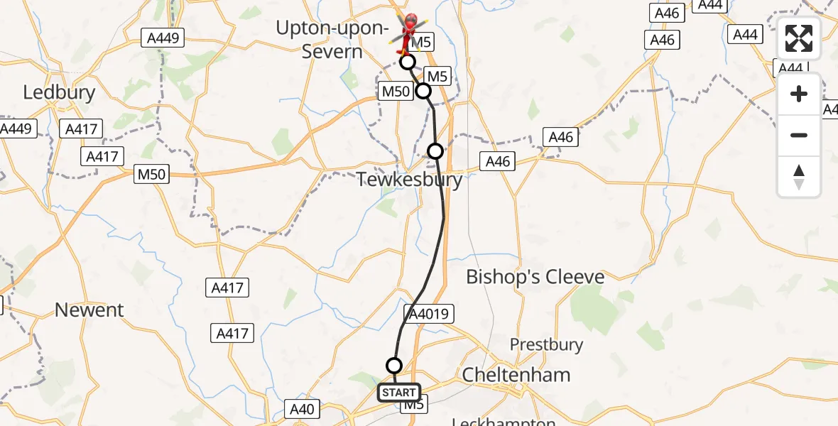 Flight path map showing Air Ambulance Helicopter route from Gloucestershire Airport to Upper Strensham