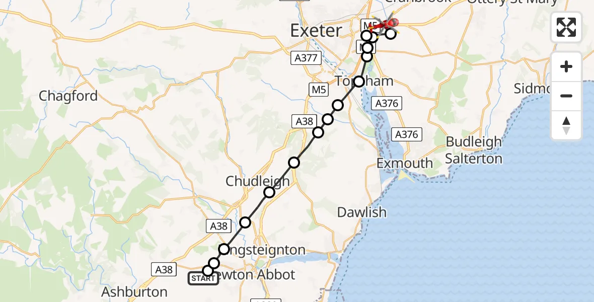 Flight path map showing Air Ambulance Helicopter route from East Ogwell to East Devon