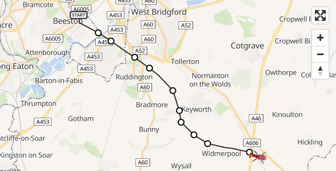 Flight path map showing Air Ambulance Helicopter route from Beeston to Rushcliffe
