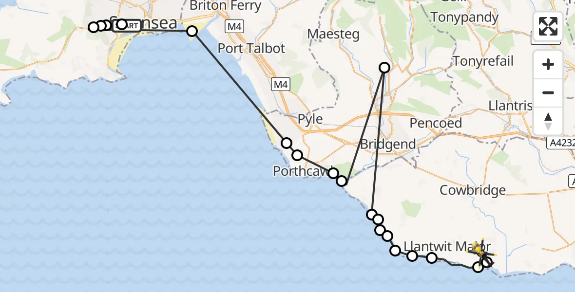 Flight path map showing Police Helicopter route from Brynmill to MOD St Athan